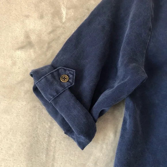 Chelsea & Theodore Flare Midi Dress Size M Tencel Pockets Roll Tab Sleeve Collar - Picture 4 of 12